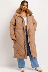 womens quilted padded puffer long coat with faux fur collar styled up