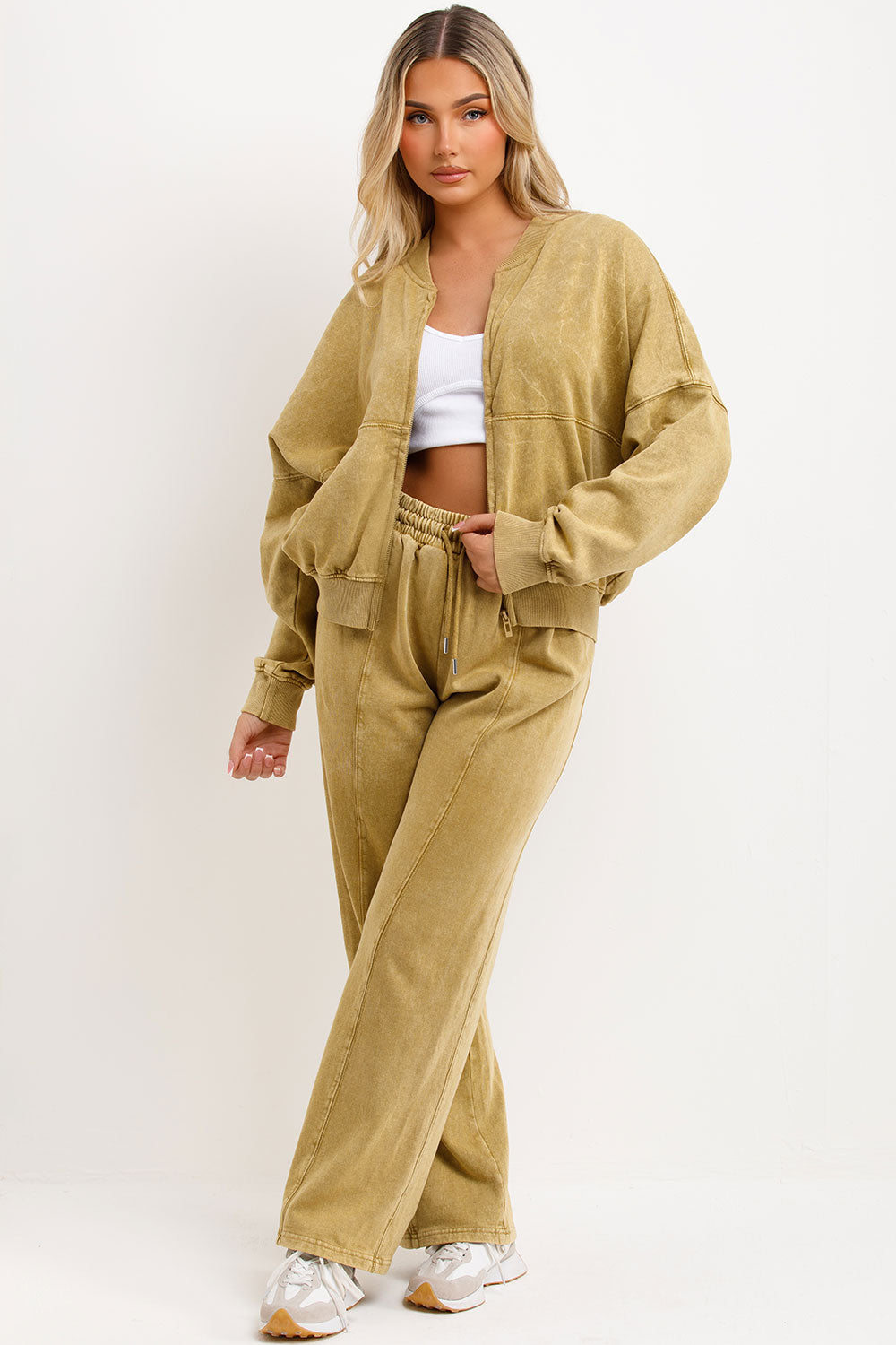 stone washed womens zara bomber sweatshirt and straight leg joggers loungewear set faded