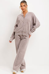 womens bomber jacket with zip and straight leg joggers tracksuit set loungewear co ord stonewashed