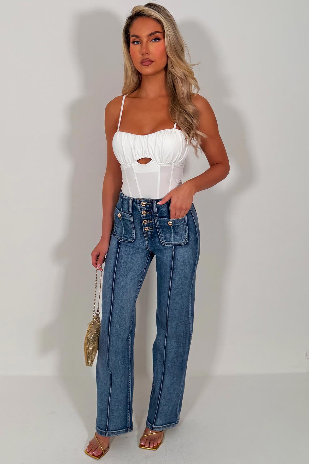 womens zara jeans with gold buttons seams detail on the front styledup uk 