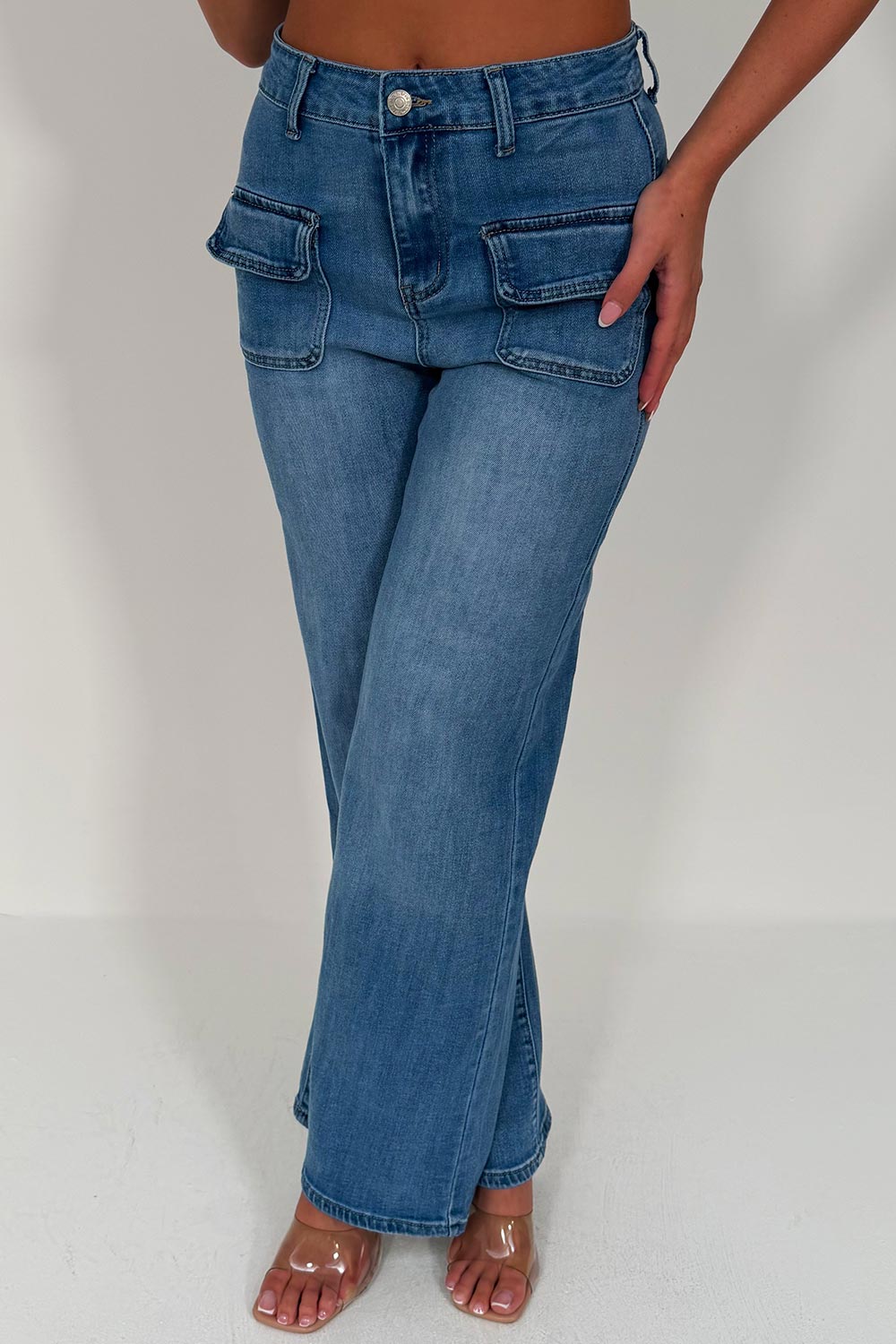 womens stretchy denim wide leg jeans with pockets uk
