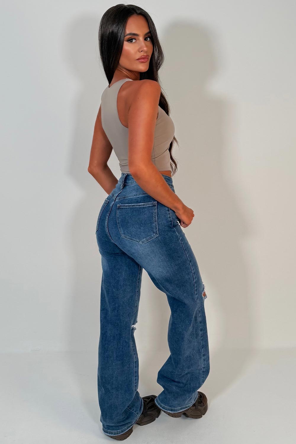 womens high waist ripped jeans mid wash blue styledup