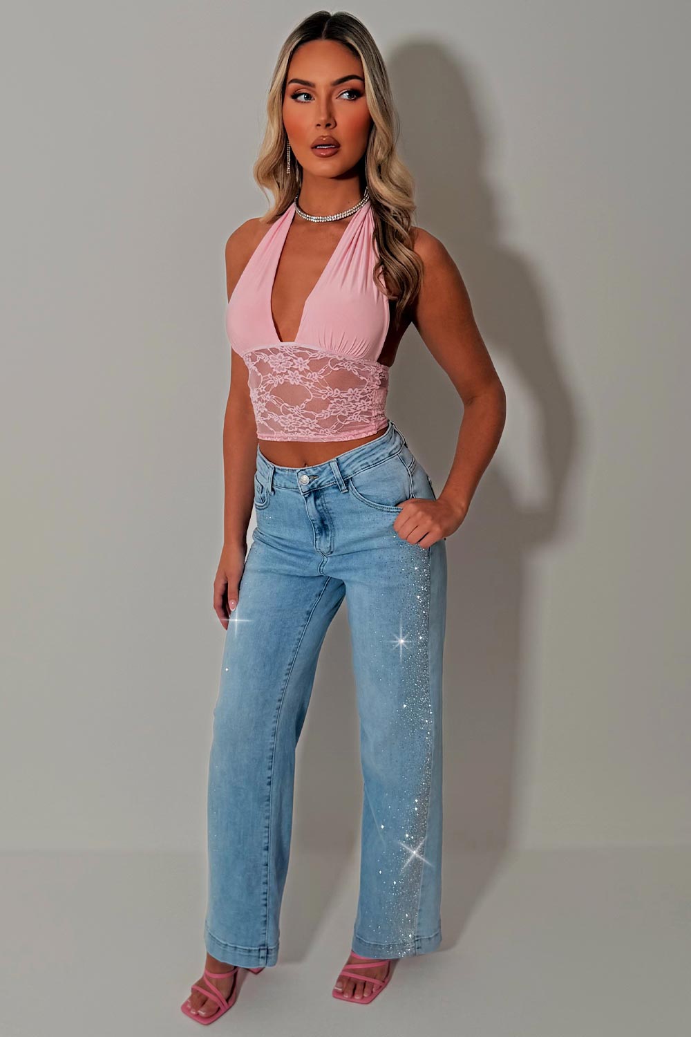 denim blue high waist wide leg jeans with diamante rhinestones styledup