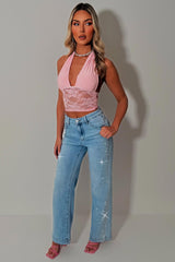 denim blue high waist wide leg jeans with diamante rhinestones styledup
