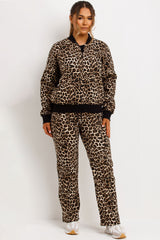 womens zara bomber sweatshirt and straight leg joggers loungewear co ord set leopard print