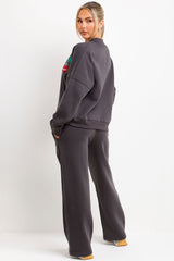 zara womens bomber sweatshirt and straight leg joggers lounge set tracksuit with mon cheri embroidery