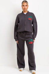 zara womens bomber sweatshirt and straight leg joggers loungewear set with mon cheri embroidery