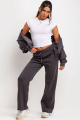 womens zip up bomber sweatshirt baby tee shirt and straight leg joggers tracksuit set styled up