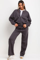 womens bomber sweatshirt with zip straight leg joggers and tee shirt 3 piece tracksuit set loungewear co ord styled up