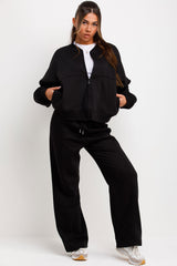 womens zip up bomber sweatshirt baby tee shirt and straight leg joggers tracksuit set styled up