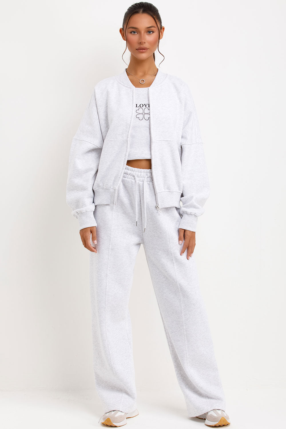 bomber sweatshirt top and straight leg joggers three piece loungewear set