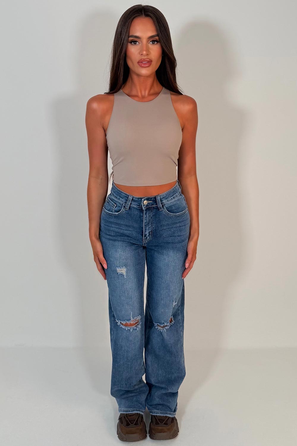 high waist ripped knee wide leg jeans styledup uk