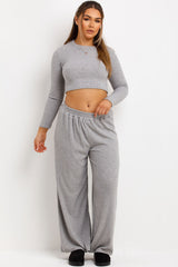 womens long sleeve top and wide leg trousers loungewear co ord set grey