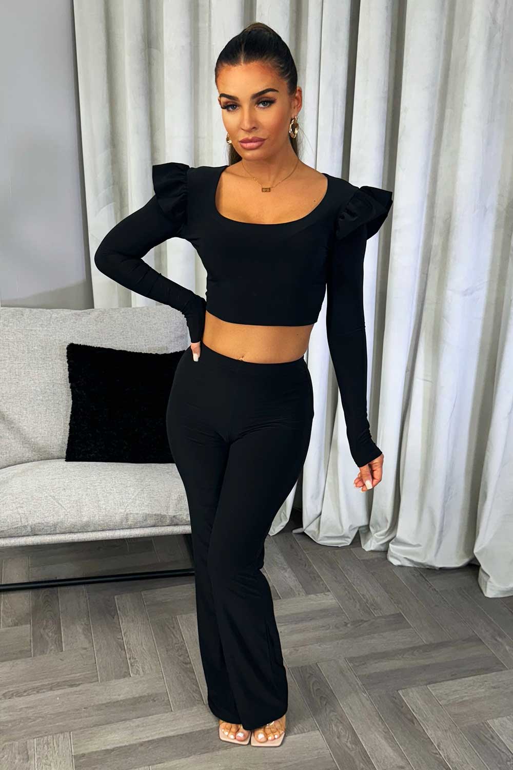 frill shoulder long sleeve crop top and trousers co ord set