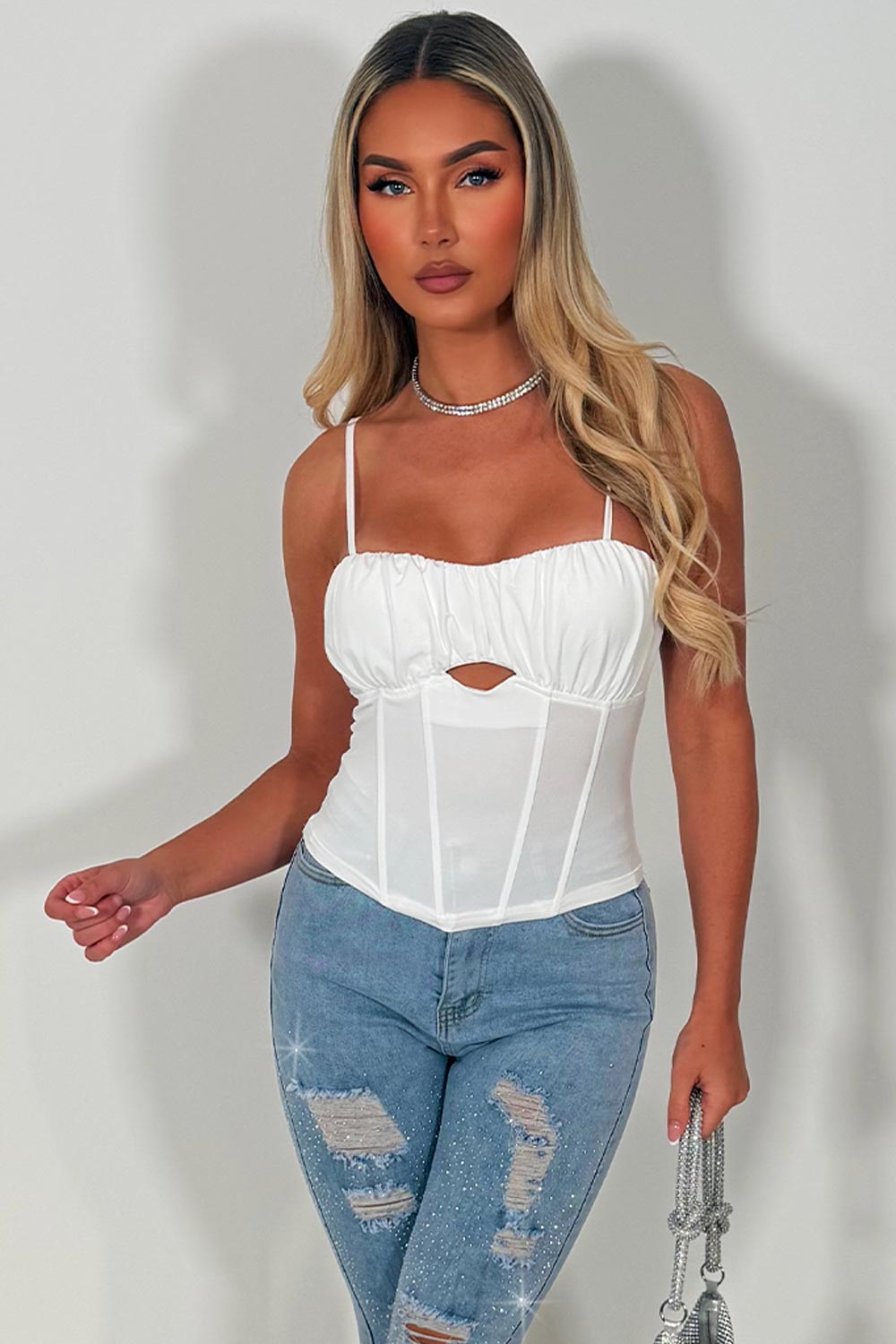 white corset top with straps going out festival night out outfit styledup 