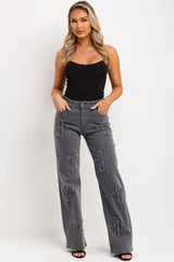 womens wide leg cross applique denim jeans with wide legs 