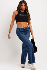 womens wide leg denim stretch jeans styled up