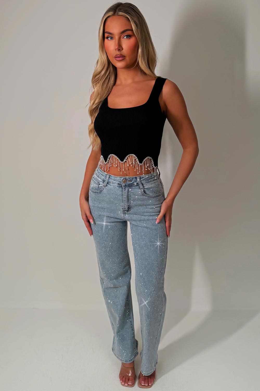 womens wide leg high waist diamante jeans styledup uk sale