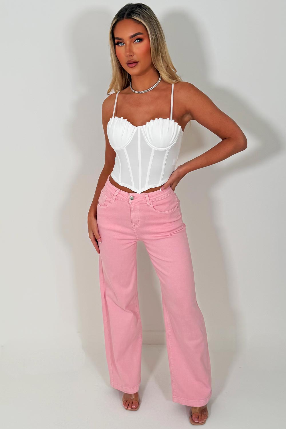 zara womens pink denim jeans with wide legs 