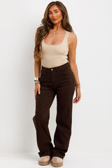 brown high waist wide leg streatchy denim jeans womens zara uk