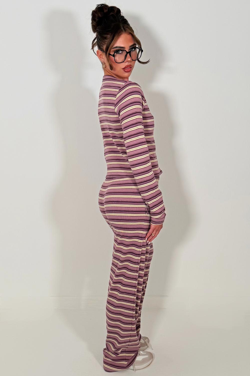 molly may striped button up long sleeve top and trousers two piece co ord set styledup fashion