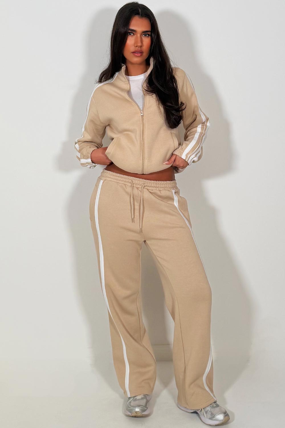 womens oatmeal tracksuit co ord lounge set with side stripes styledup 