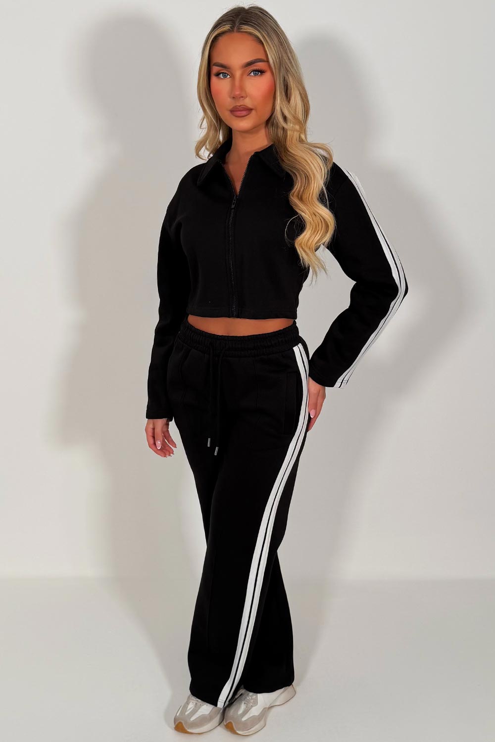 womens side stripe wide leg joggers and crop sweatshirt tracksuit airport outfit styledup uk