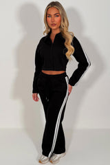 womens side stripe wide leg joggers and crop sweatshirt tracksuit airport outfit styledup uk