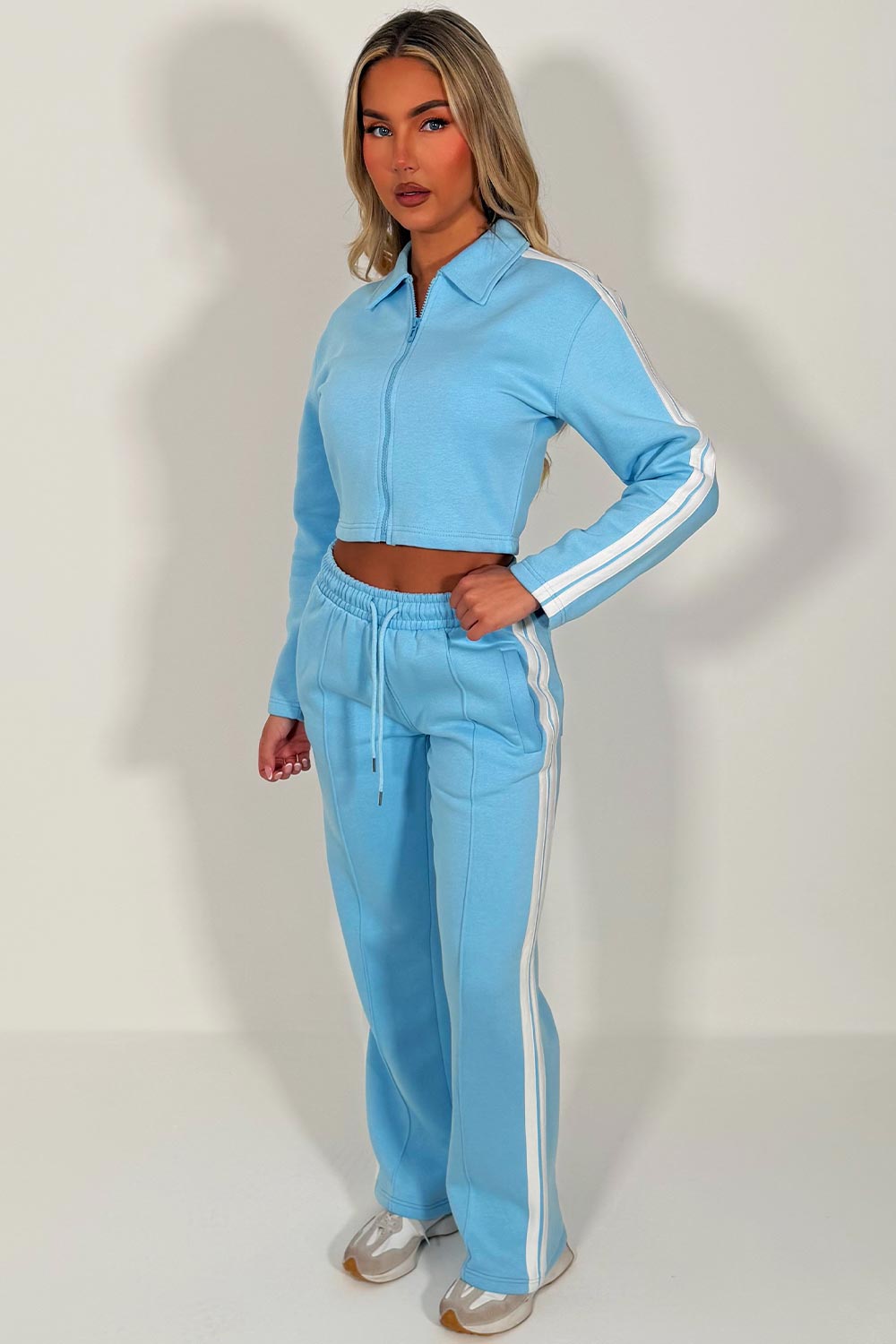 womens side stripe crop sweatshirt and wide leg joggers two piece co ord lounge set airport holiday outfit styledup uk white fox