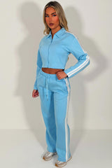 womens side stripe crop sweatshirt and wide leg joggers two piece co ord lounge set airport holiday outfit styledup uk white fox