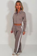 womens dove grey crop sweatshirt and wide leg joggers tracksuit with side stripes airport outfit casual everyday outfit styledup uk white fox