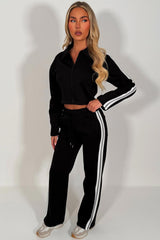 womens wide leg joggers and crop zip up sweatshirt with side stripes tracksuit co ord holiday summer airport outfit uk styledup loungewear