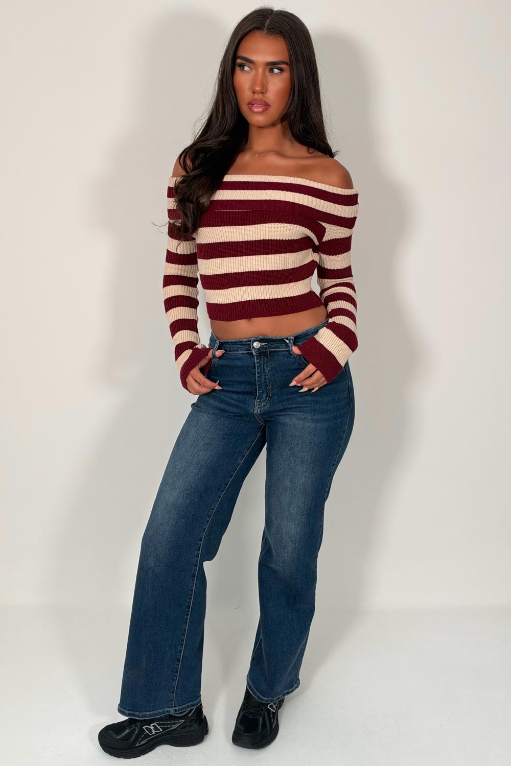 off shoulder knitted cropped jumper styledup uk