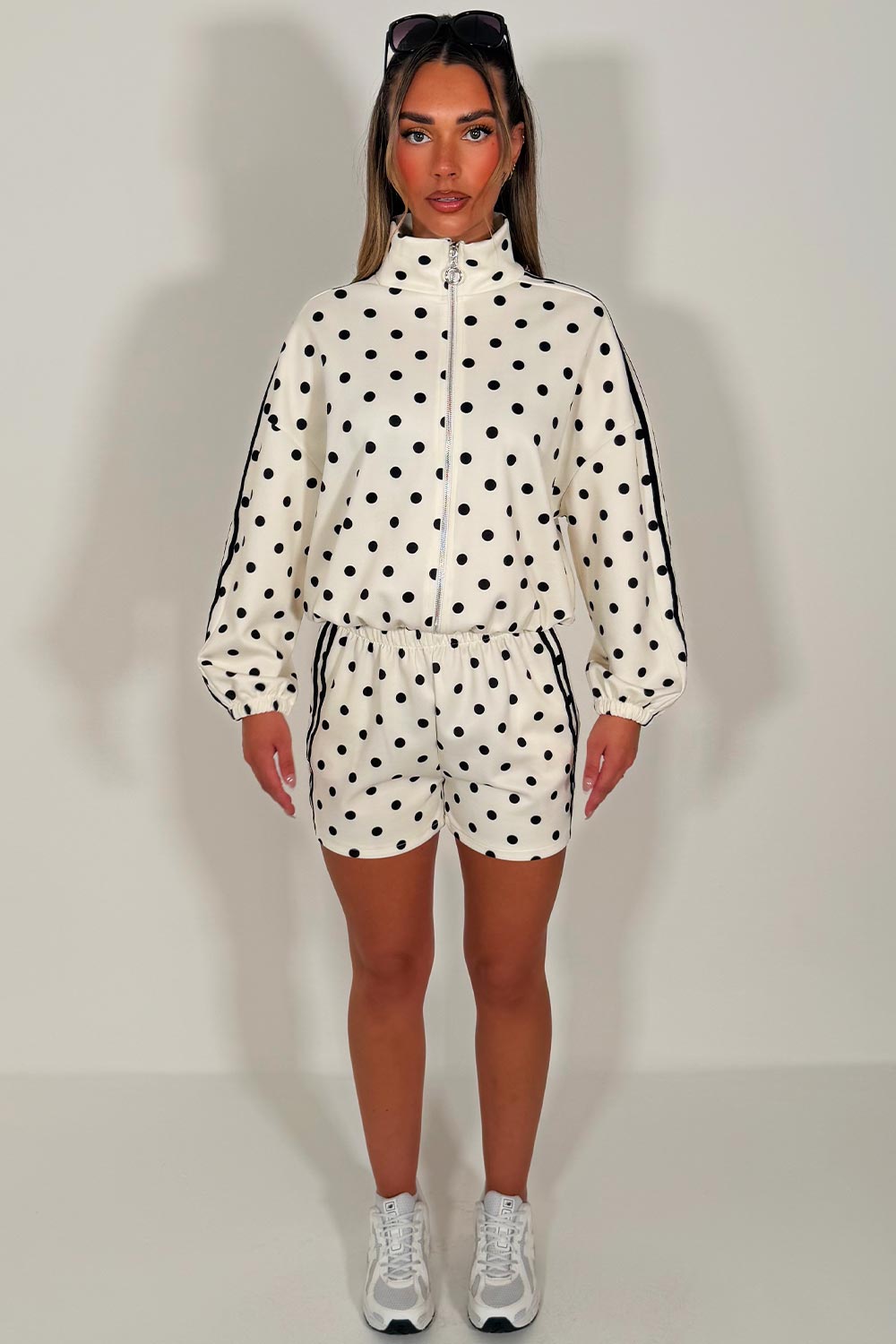 womens white polka dot shorts and top co ord set adidas uk sale styledup 