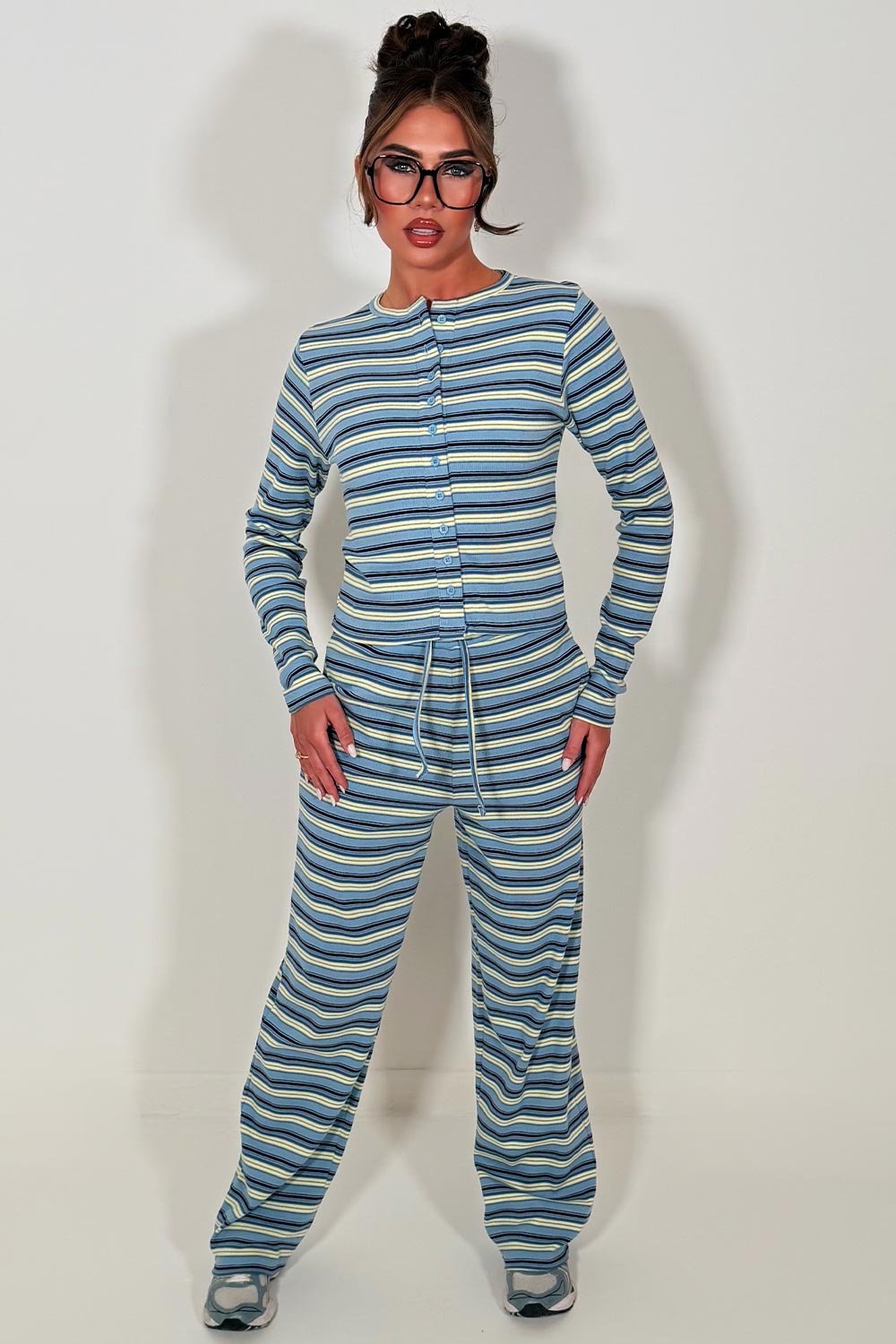striped button up loungewear set 
