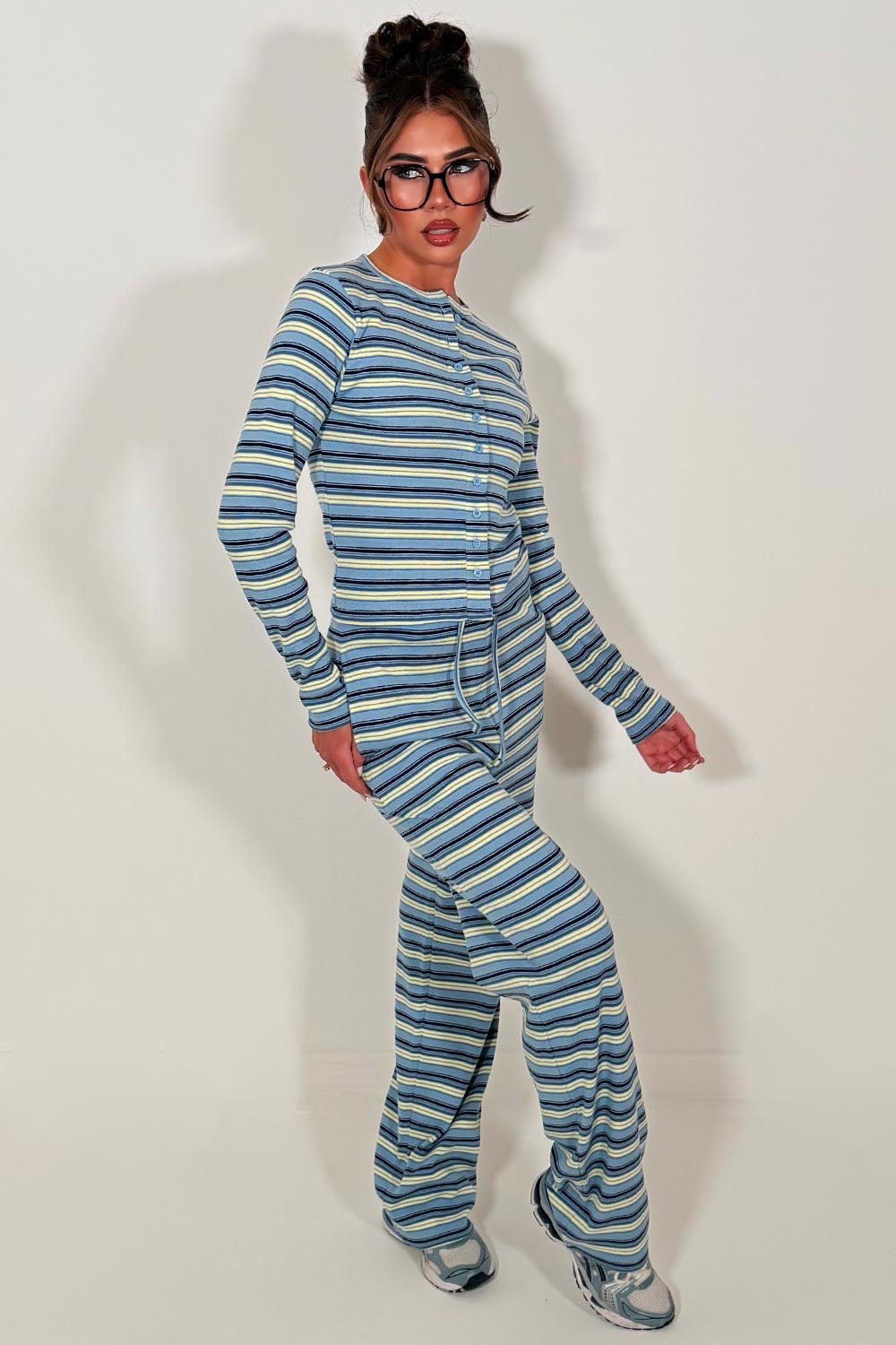 molly may striped button up long sleeve top and trousers two piece co ord set styledup fashion