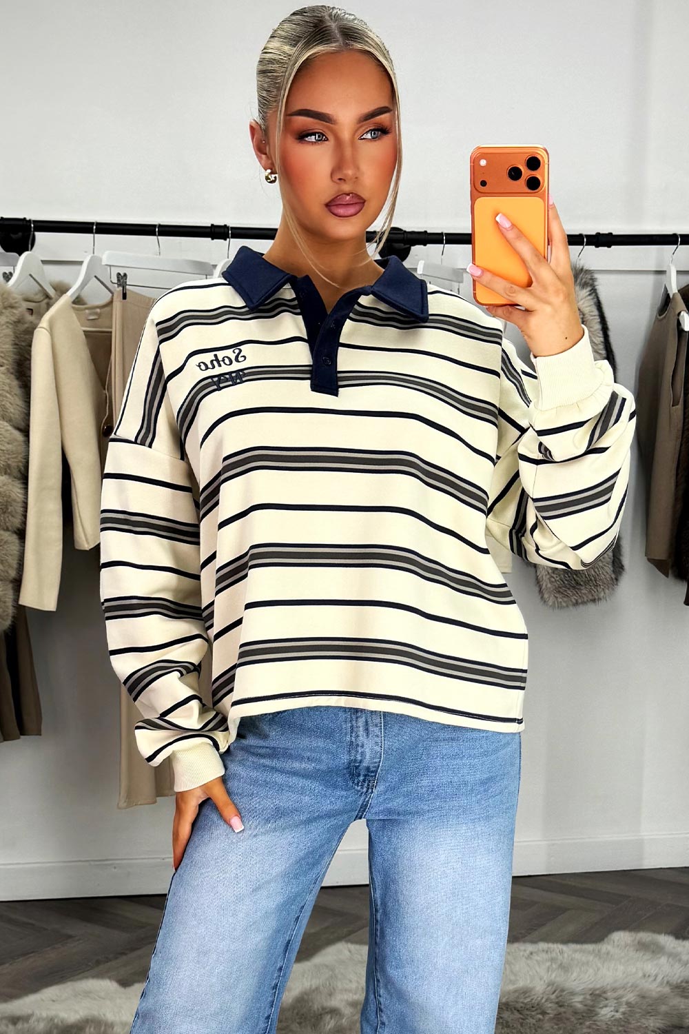 womens collared striped long sleeve jumper sweatshirt styledup 