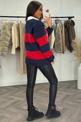 womens navy red striped oversized sweatshirt jumper with harvard slogan 