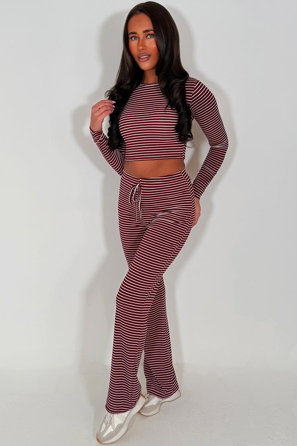 striped wide leg trouser and long sleeve crop top co ord lounge set for womens styledup