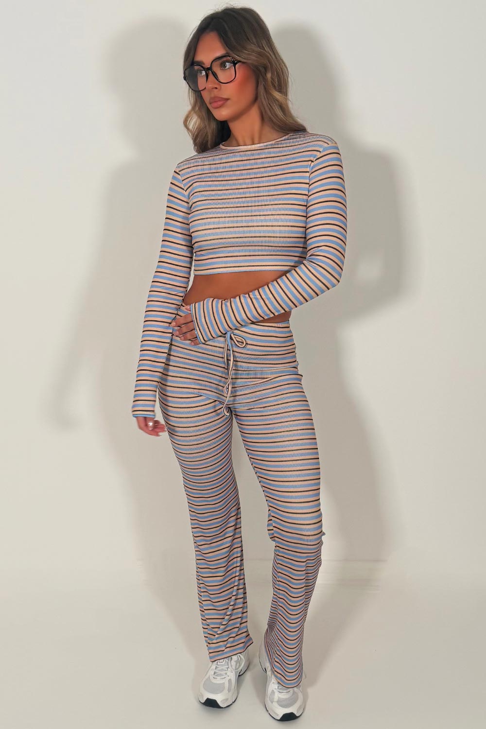 womens blue brown striped lounge set styledup