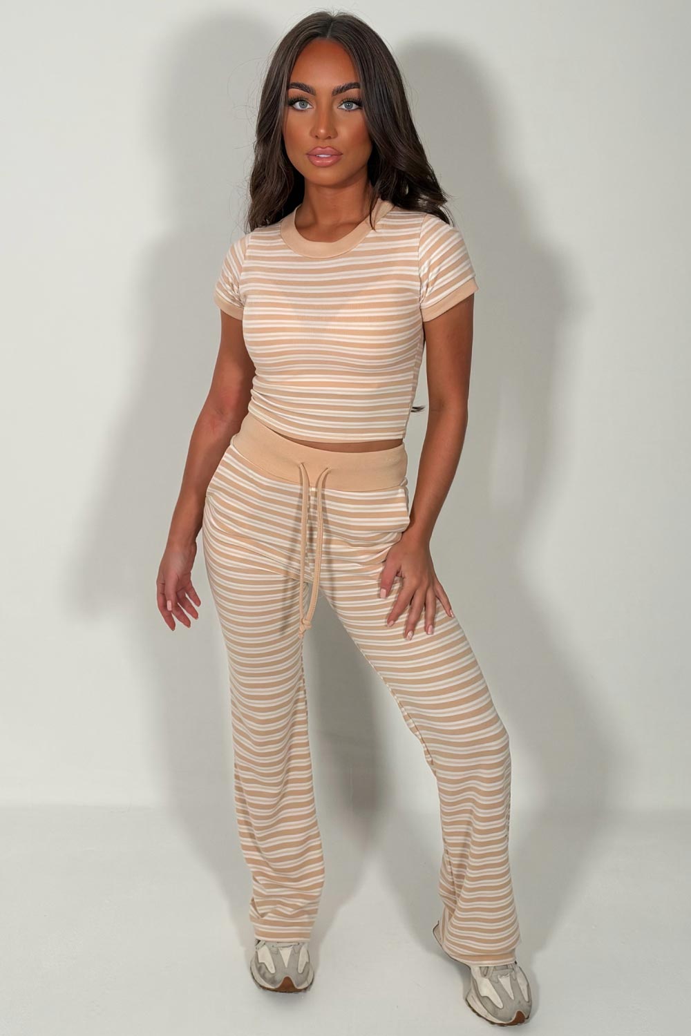 womens beige striped knitted lounge set styledup uk