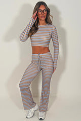 striped wide leg trouser and long sleeve crop top co ord lounge set for womens styledup