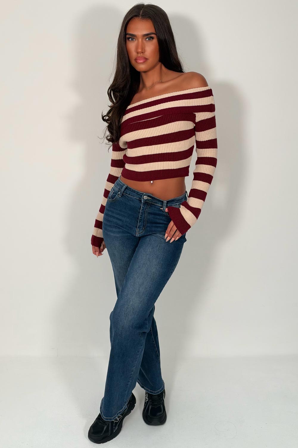 off shoulder long sleeve striped knitted jumper for womens styledup uk 