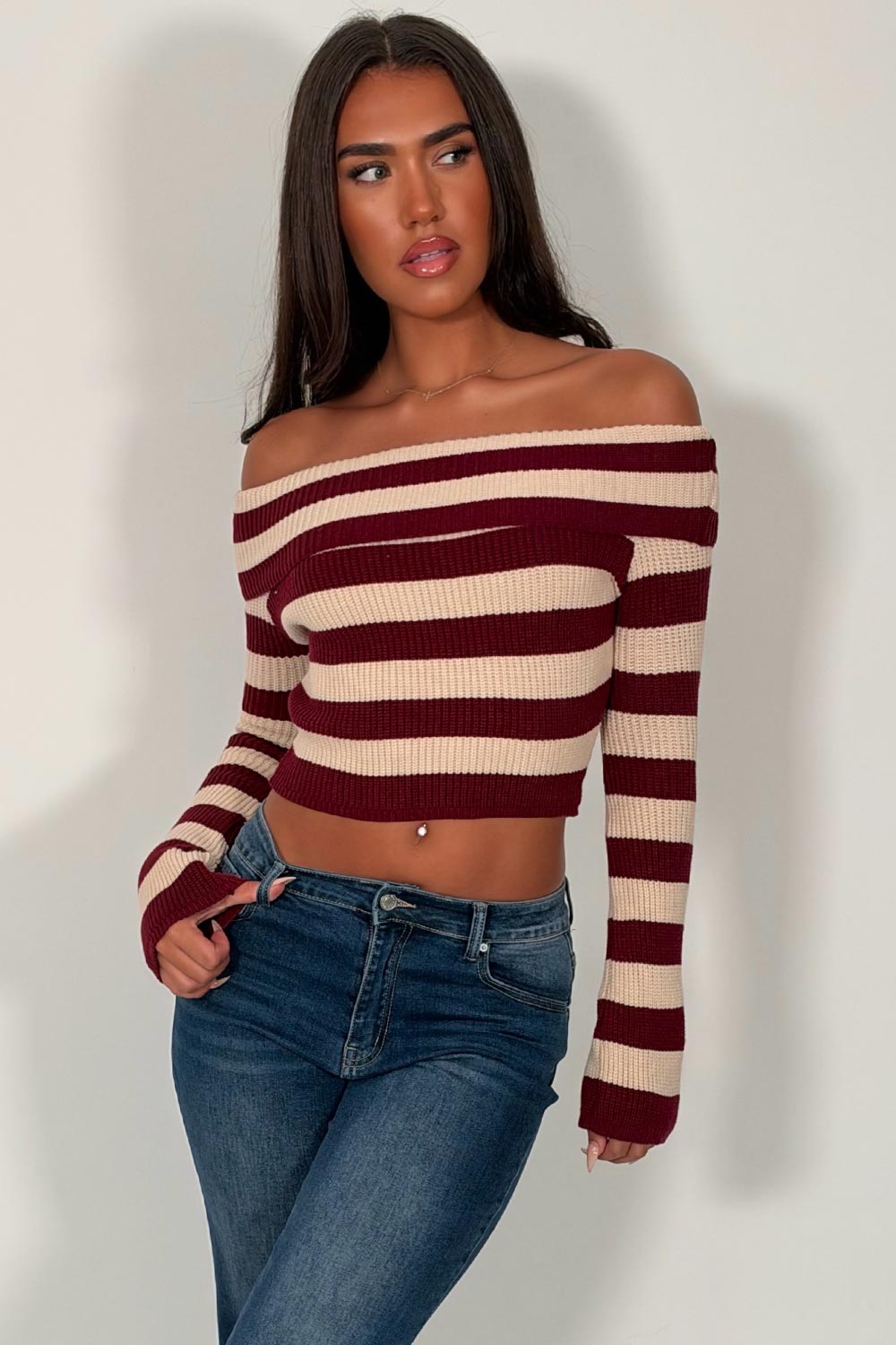 womens knitted off shoulder long sleeve crop jumper styledup uk
