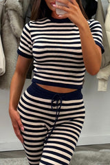 womens knitted crop top and trousers co ord set navy striped uk