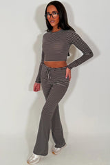 striped wide leg trouser and long sleeve crop top co ord lounge set for womens styledup