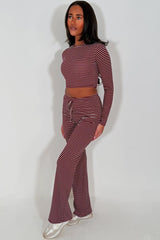 womens burgundy contrast striped long sleeve top and wide leg trouser lounge set co ord styledup 