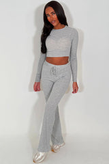 womens grey contrast striped long sleeve top and wide leg trouser lounge set co ord styledup 