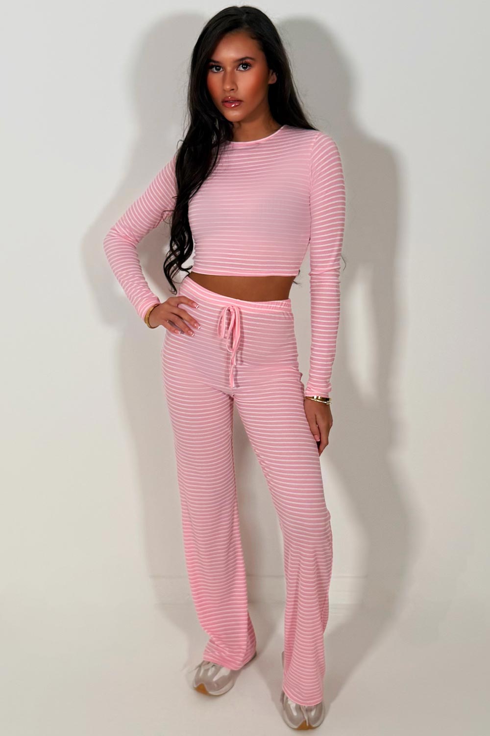 womens pink striped lounge set long sleeve crop top and wide leg trouser co ord set styledup 