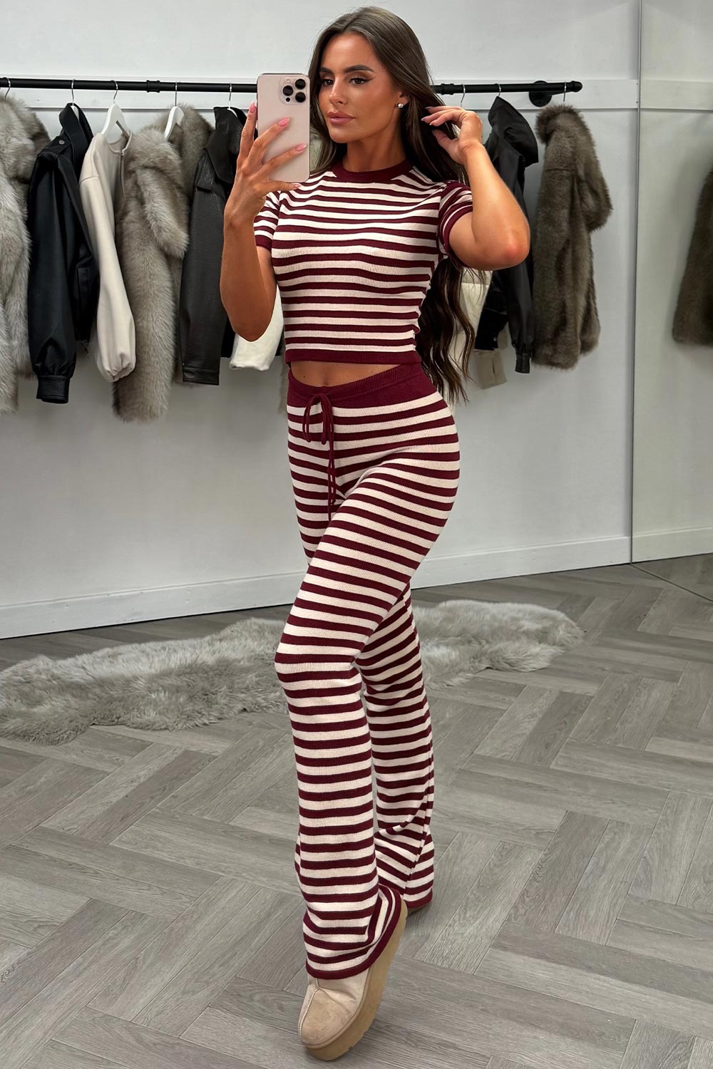knitted loungewear set for womens with burgundy contrast stripes styledup uk